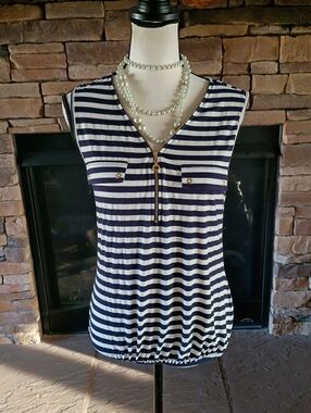 Parallel Skies Navy Blue And White Striped Nautical Zip Up Sleeveless Top